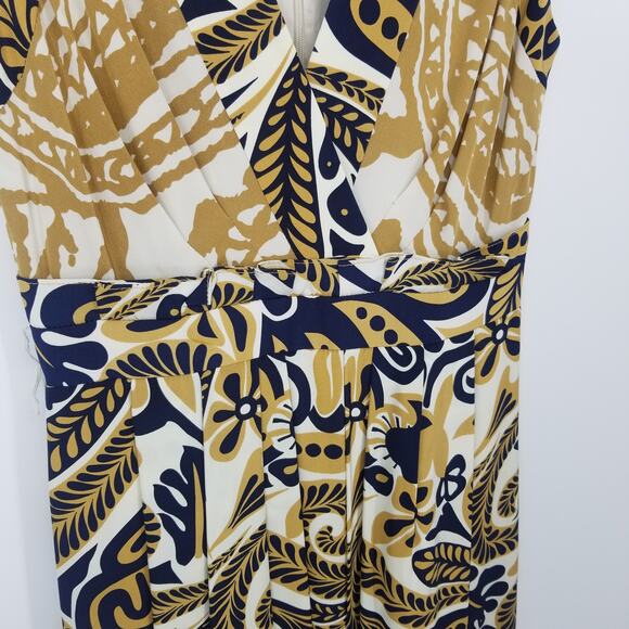 Kay Unger Silk Abstract Paisley Dress 2 A Line Sleeveless V Neck Pleated Navy - Picture 5 of 9